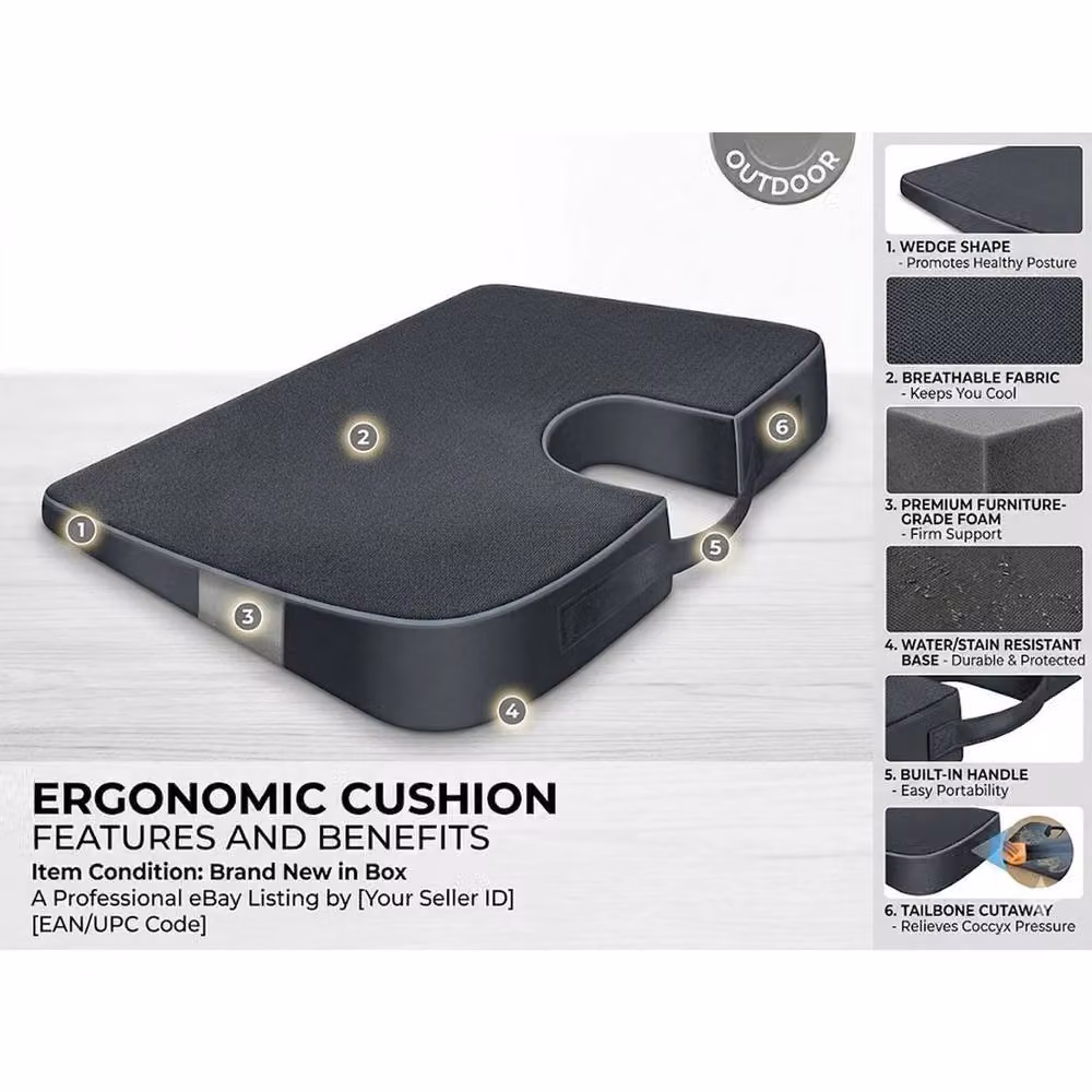 EONLION Deluxe Firm Seat and Back Cushion in Black, W: 120 cm, H: 90 cm – 3