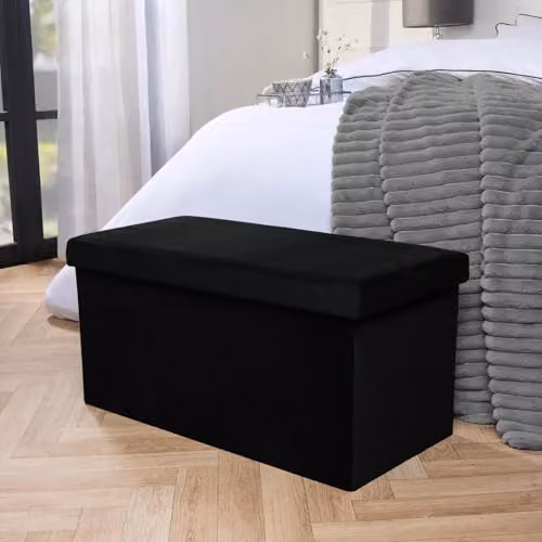 OHS Rectangular Velvet Ottoman Storage Box with Removable Padded Lid in Black – 1