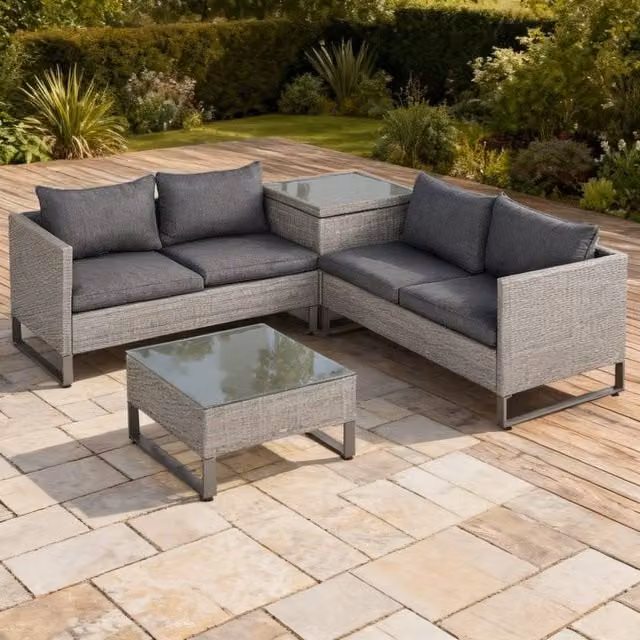 ERGOVEXA 4 Piece Grey Rattan Garden Furniture Set with L-Shape Sofa and Coffee Table