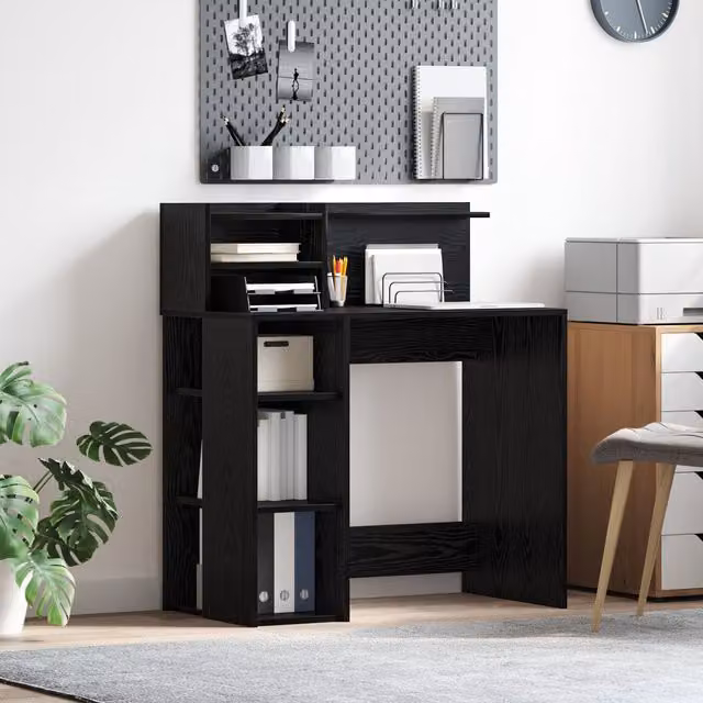 Berkfield Modern Writing Desk with Storage in Black Oak, W/D/H: 90 x 48 x 101.5 cm