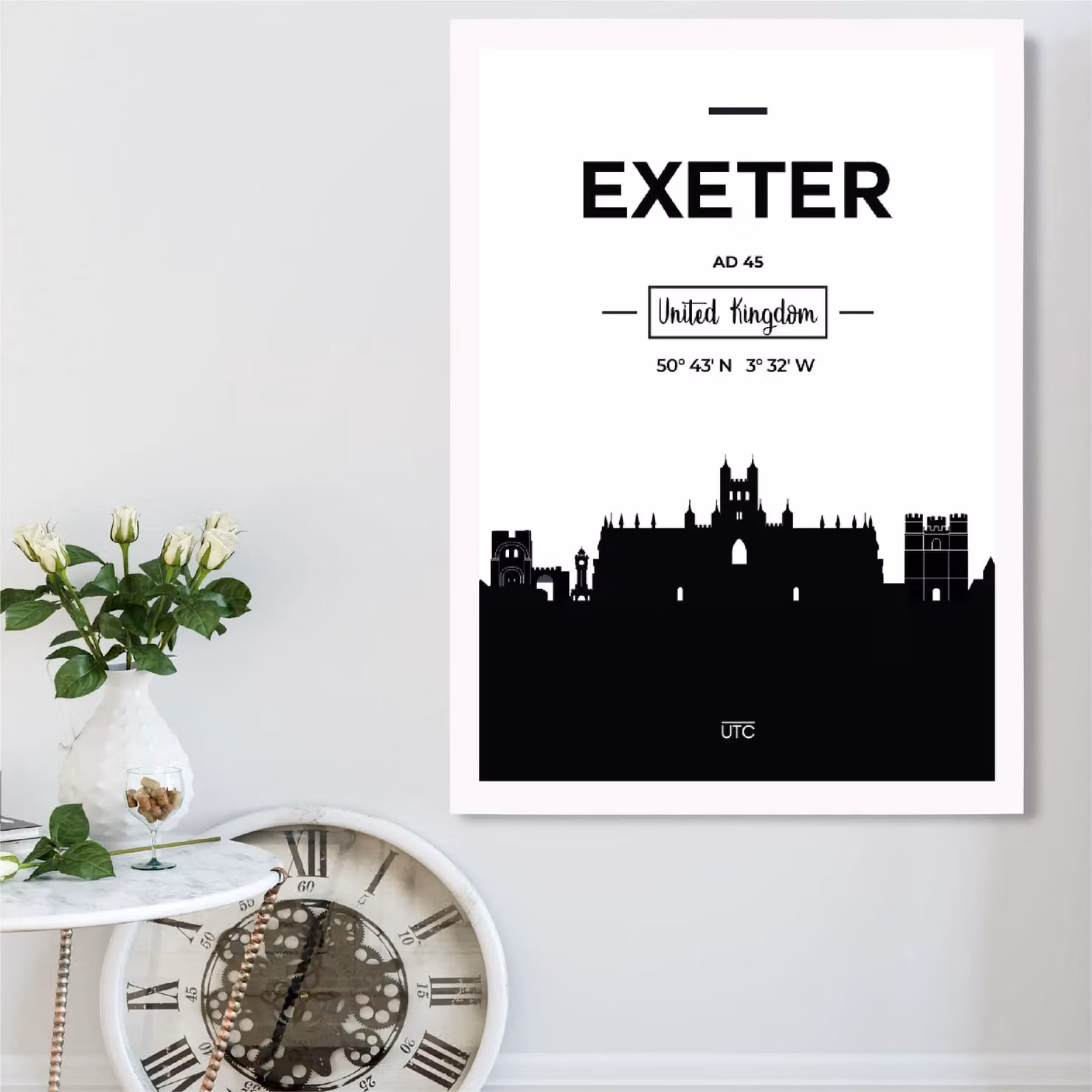 ARTZE Exeter Black and White City Skyline Framed Print in White Frame, A2 – 2