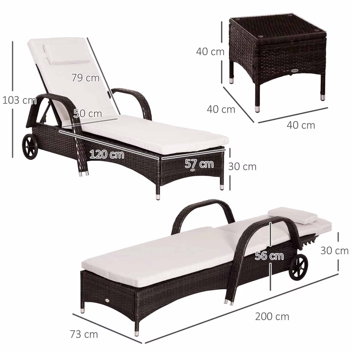 Outsunny 3 Piece Brown Polyrattan Sun Lounger Recliner Set with Side Table and Weatherproof Cushions – 4
