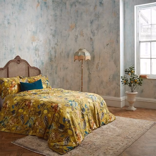 Edinburgh Weavers Reversible Floral Mako Satin Cotton Duvet Cover Set, Yellow, W: 140 cm, H: 200 cm