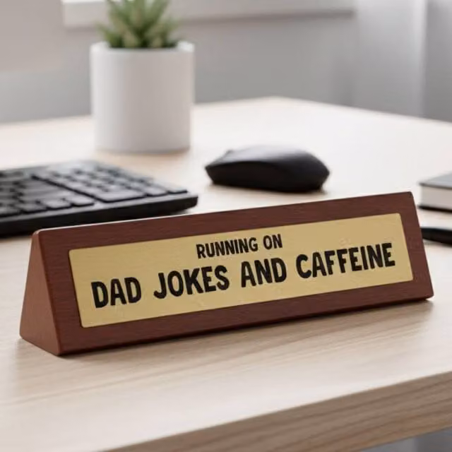 Boxer Gifts Running on Jokes and Caffeine Wooden Tabletop Desk Sign in Brown and Multicolour – 1