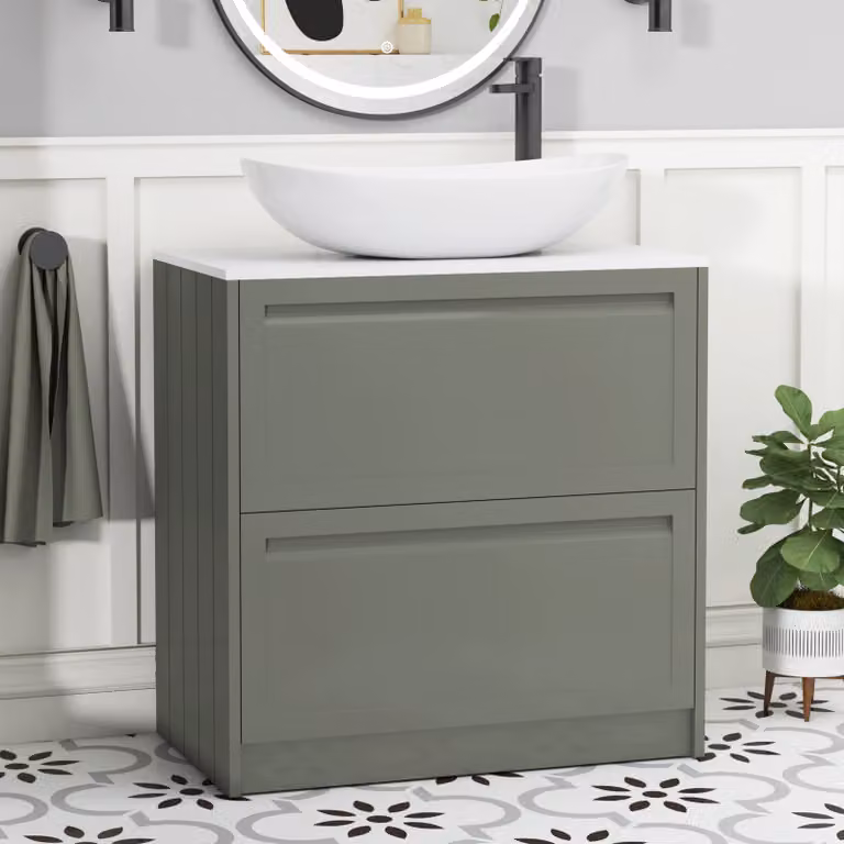 Royal Bathrooms Elmore 800mm Matt Green Floor Standing Vanity Unit with 2 Drawers, Plain White Worktop and Cesar Basin