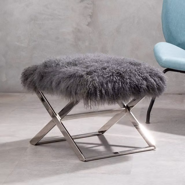 Fifty Five South Anafi Grey Sheepskin and Metal Stool