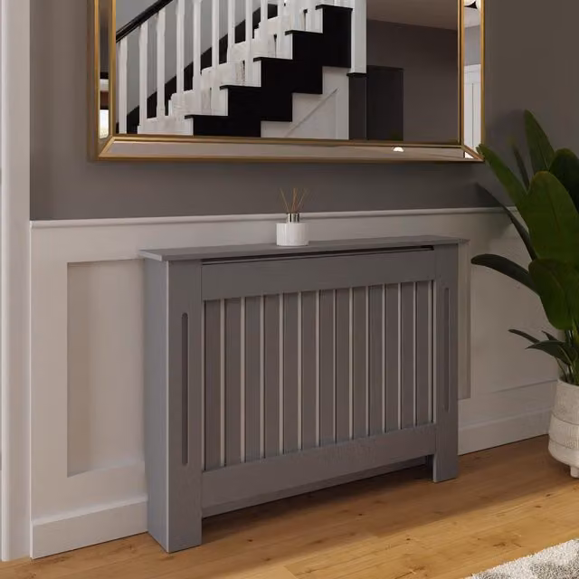 FWStyle Grey Vertical Slat MDF Radiator Cover with Top Shelf Storage