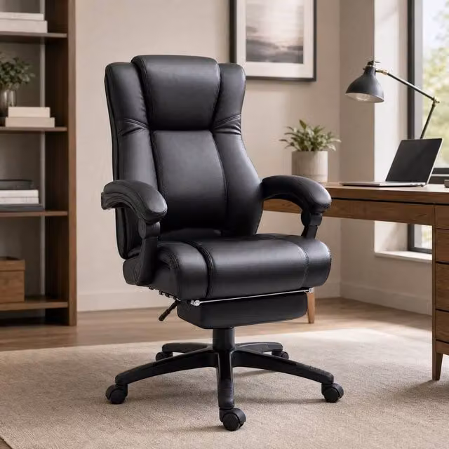 STILVORA Black Synthetic Leather Executive Office Chair with Footrest, Headrest and Armrests – 1