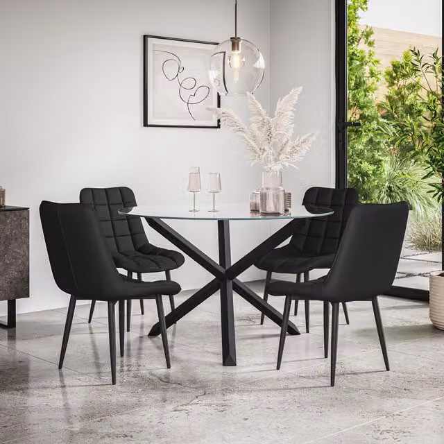 More4Homes Malvern Round Dining Table and 4 Nova Faux Leather Chairs Set, Clear Glass Top with Solid Oak and Black Legs, Diameter: 120 cm, Height: 75 cm
