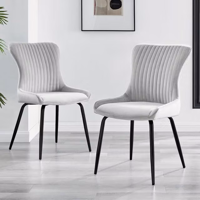 FurnitureboxUK Set of 2 Nora Deep Padded Luxurious Dining Chairs Upholstered in Light Grey Soft Velvet with Black Metal Legs
