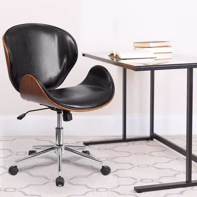 FWStyle Mid Back Bentwood Executive Office Swivel Chair with Walnut Wood Frame and Black Glossy Synthetic Leather Upholstery – 1