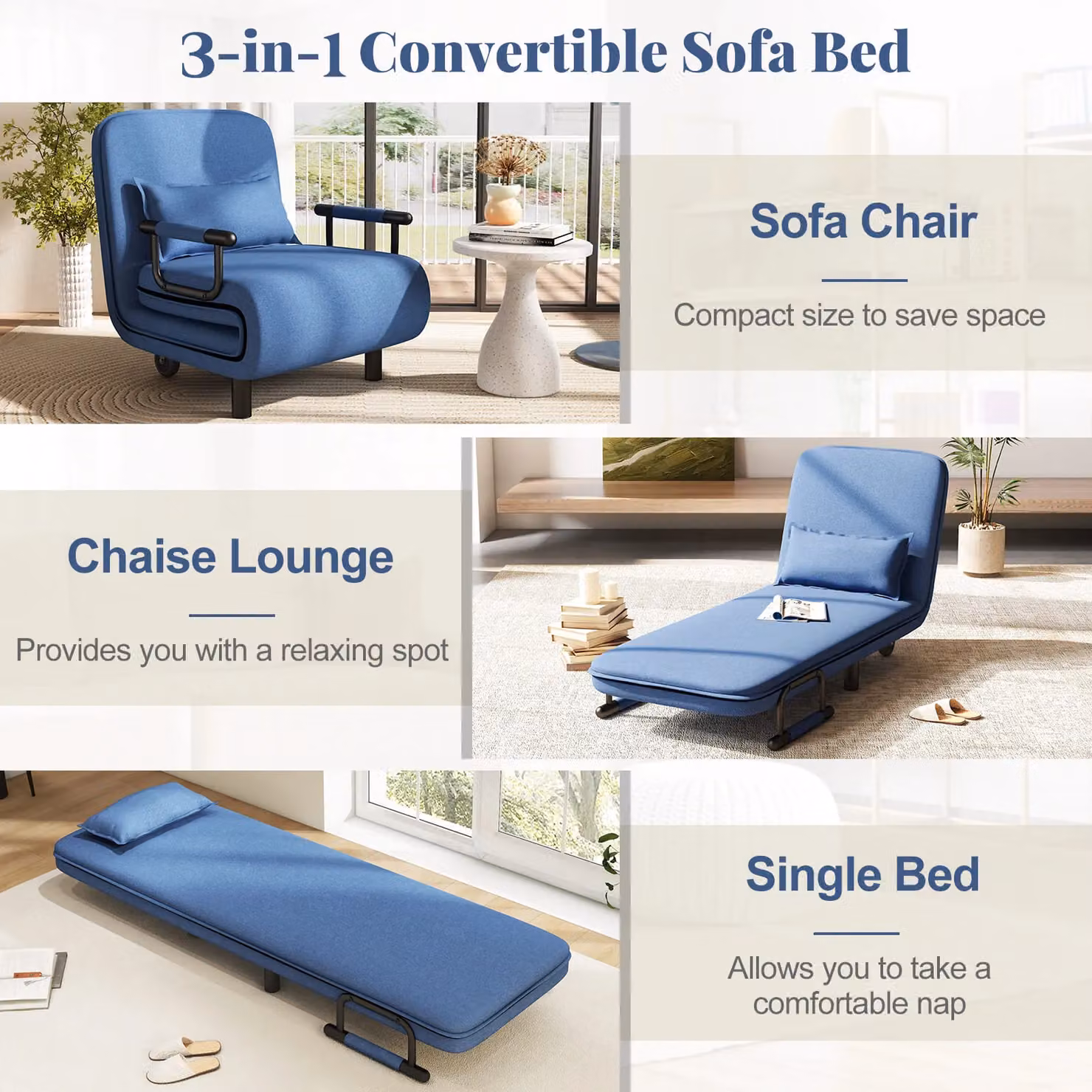 Costway Modern Fabric Single Folding Sofa Bed Chair in Blue – 4