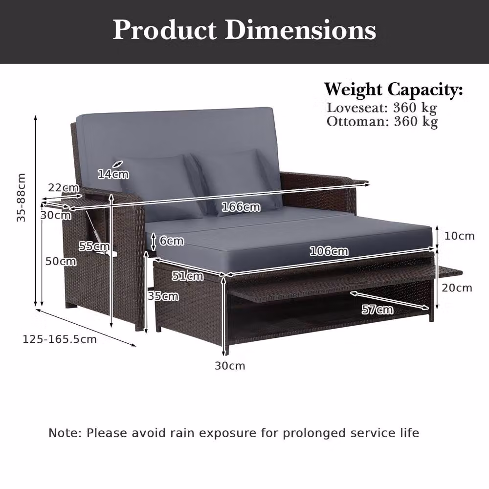 Costway Grey Polyrattan Patio Daybed Set with Loveseat Sofa, Ottoman and Side Tray – 2