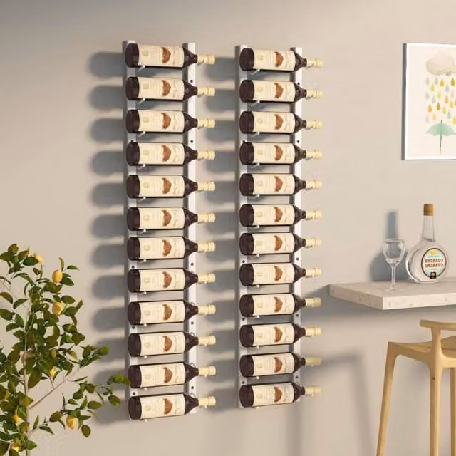 Berkfield Home Wall Mounted White Lacquered Metal Wine Rack for 12 Bottles, Set of 2