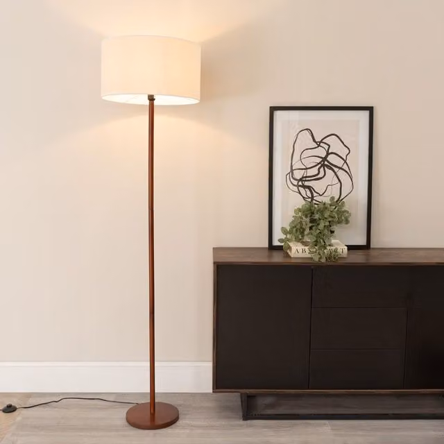 ValueLights Dark Wood Stem Floor Lamp with White Fabric Drum Shade and LED Bulb