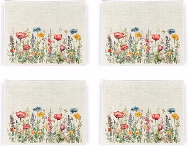 Purely Home Wildflower Meadow Floral Linen Placemats, Set of 4, White and Multicolour