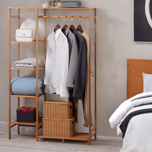Rafaelo Mobilia 6 Tier Bamboo Open Wardrobe with Clothes Rail in Natural Brown, H: 145 cm x W: 90 cm x D: 30 cm