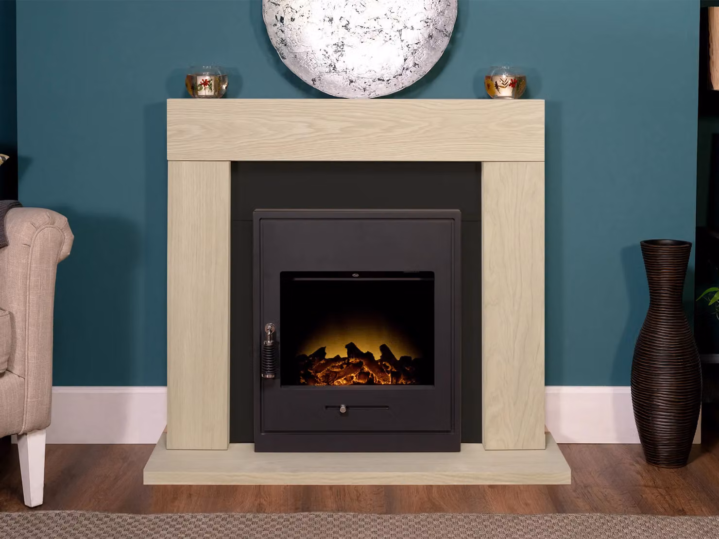 Adam Fires & Fireplaces Malmo Fireplace in Oak and Black with Oslo Electric Inset Stove in Black, 39 Inch – 3