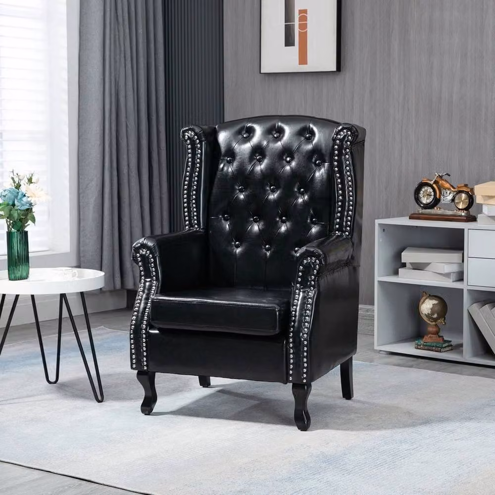 FORGEVIO Chesterfield-style Wing Back Armchair in Black Synthetic Leather with Wood Legs – 6