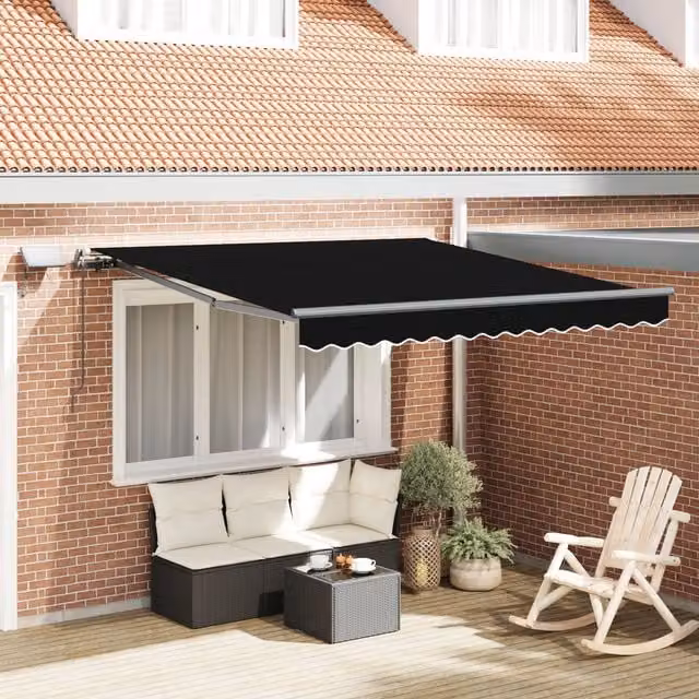 Berkfield Home Manual Retractable Folding Arm Awning with LED in Black, W: 350 cm, D: 250 cm – 1