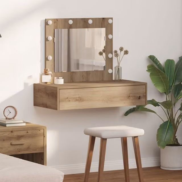 Berkfield Home Wall Hanging Dressing Table with Hollywood LED Lights in Brown Artisan Oak, W/D/H: 70 x 40 x 83 cm
