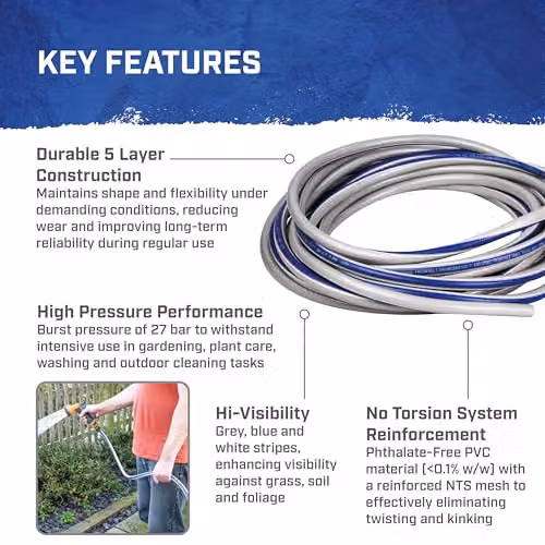 Faithfull Flexible Anti-Twist NTS PVC Hose, 15m, 12.7mm Diameter, Grey – 5