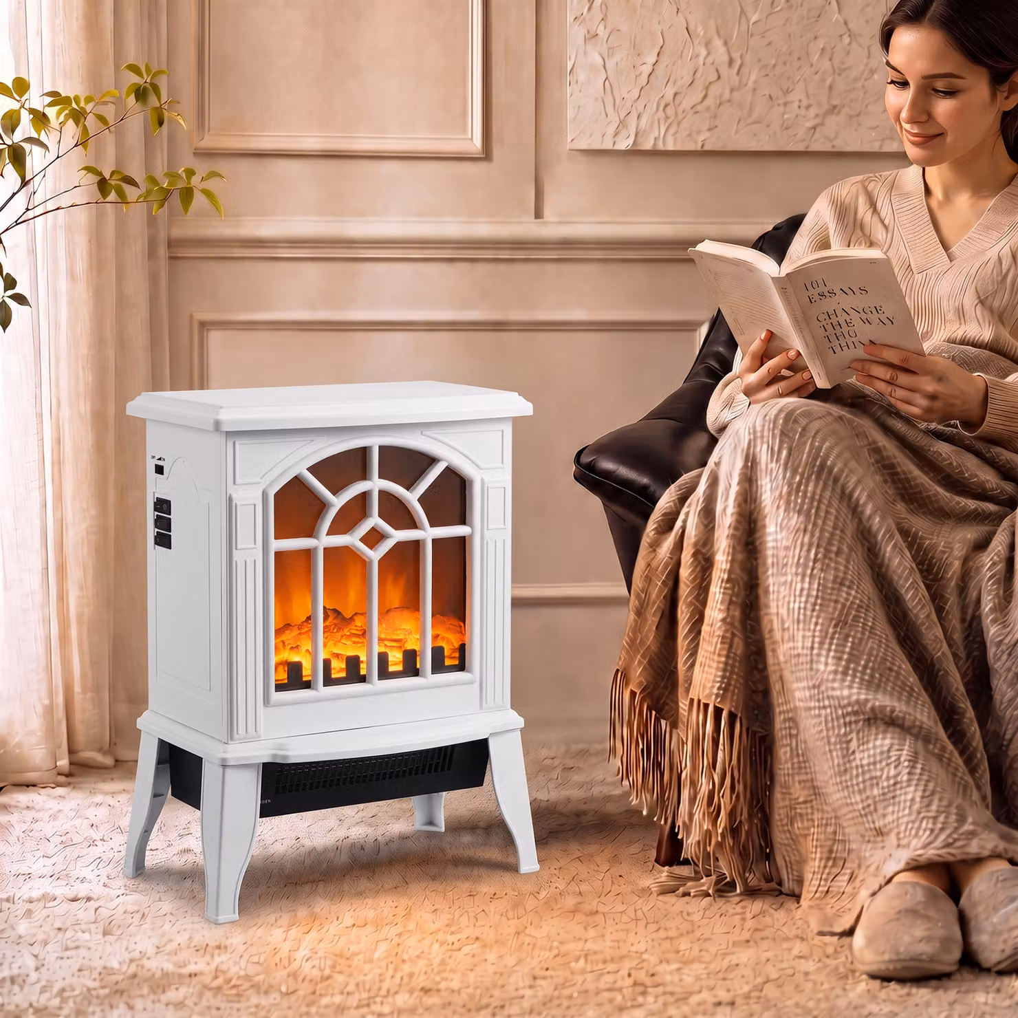 HOMCOM Freestanding Electric Fireplace with LED Flame Effect in White, W/D/H: 100 x 46 x 46 cm – 2