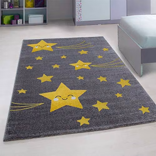 Bravich Yellow Stars Kids Rug, W: 160 cm, D: 230 cm, Grey and Yellow Polypropylene Anti-Allergic Childrens Rug – 1