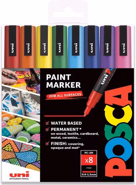 Posca PC-3M Paint Marker Art Pen Set with Bullet Nib, Multicolour Essentials Pack