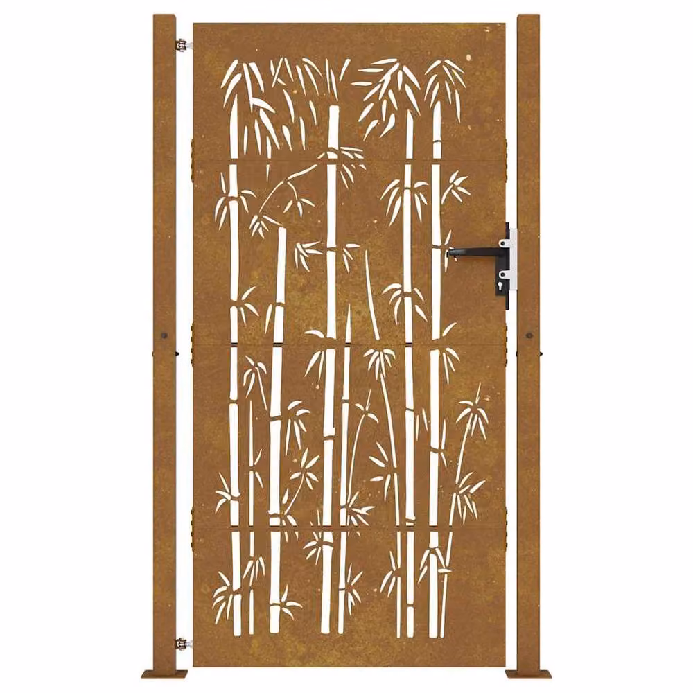 Berkfield Home Garden Gate in Brown Corten Steel with Bamboo Design, W: 105 cm, H: 205 cm – 3
