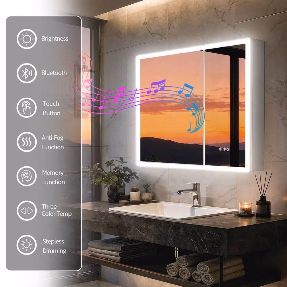 FORGEVIO Modern White Wall-Mounted Bathroom Medicine Cabinet with Double Mirrored Glass Doors, LED Lighting and Anti-Fog Function – 3