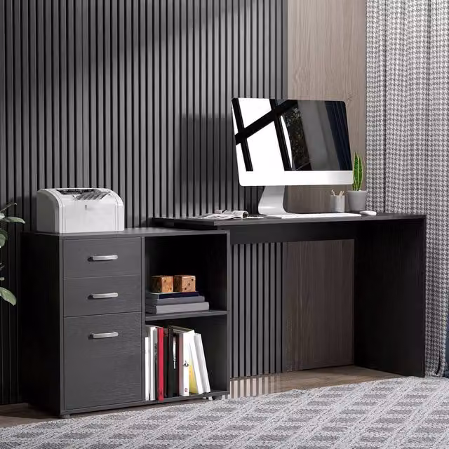 FORGEVIO L-Shaped Corner Computer Desk with Drawer and Shelf in Black