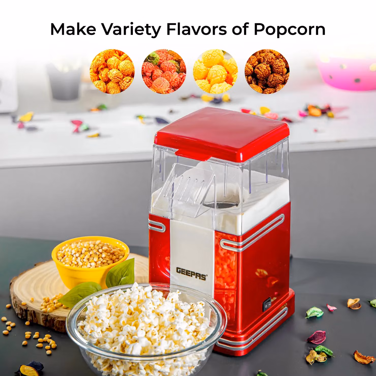 Geepas Electric Hot Air Popcorn Maker and Cotton Candy Machine Set in Red – 4