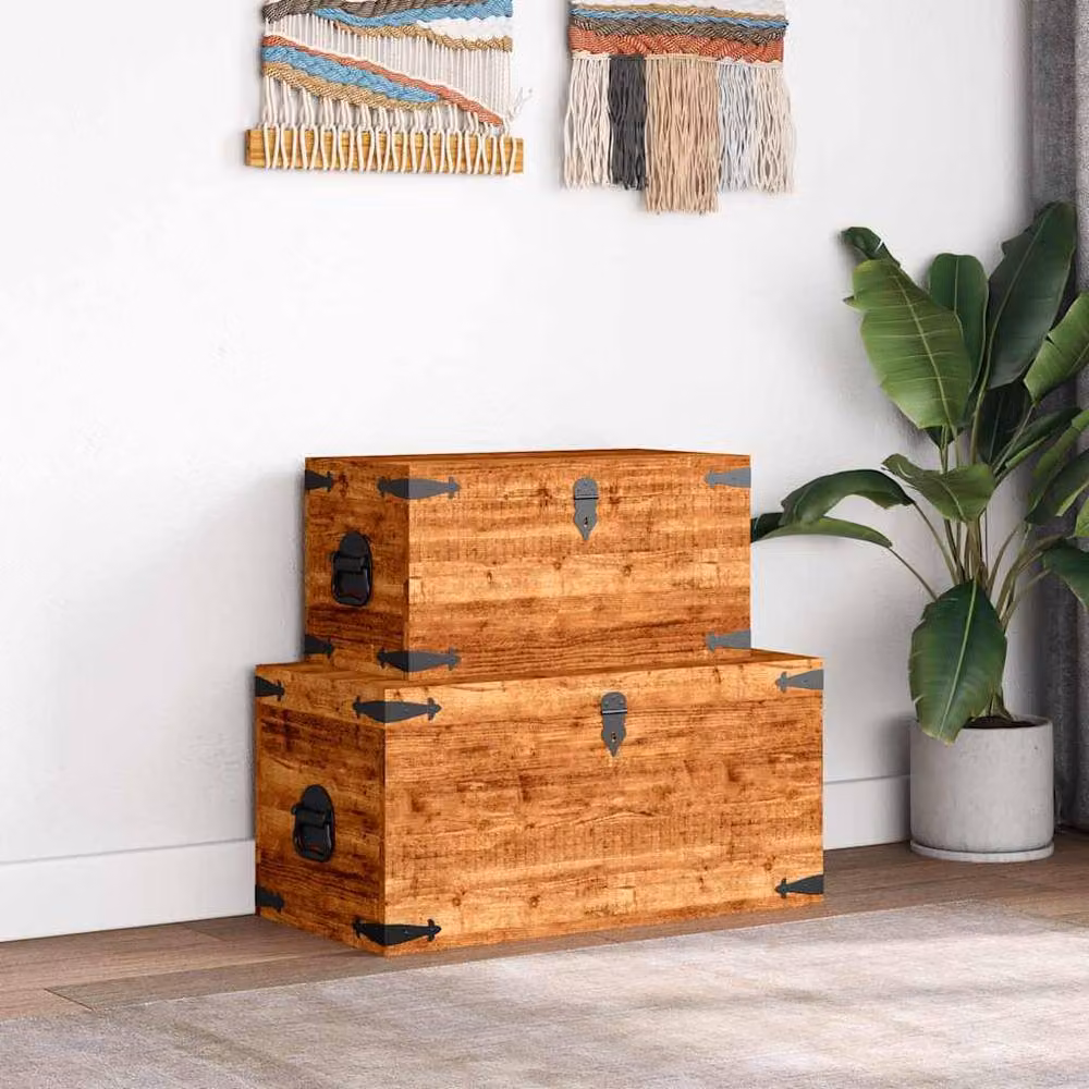 Berkfield Home 2 Piece Rustic Rough Mango Wood Storage Chest Set in Brown – 3