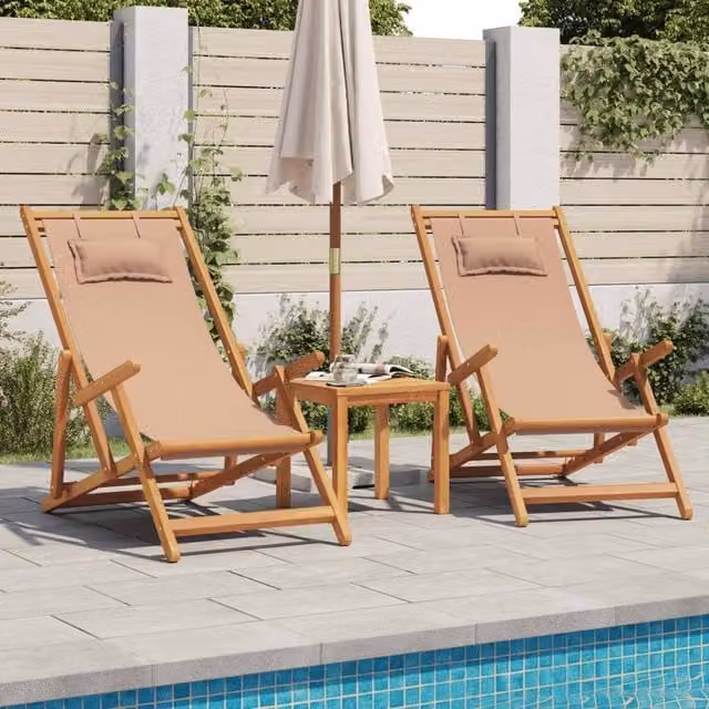 Berkfield Home Set of 2 Folding Beach Chairs in Taupe Fabric and Treated Hardwood