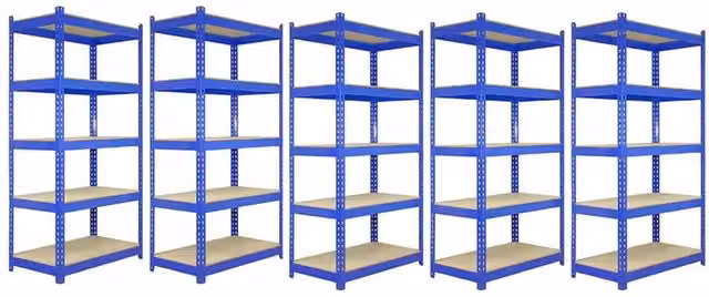 Monstershop Q-Rax Set of 5 Blue Freestanding Industrial Shelving Units, W/D/H: 90 x 50 x 180 cm