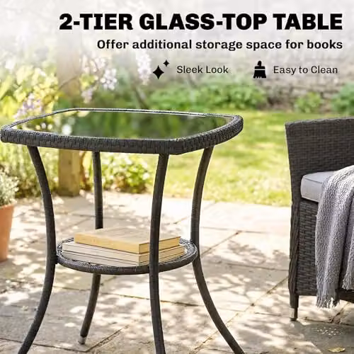 Outsunny 3 Piece Rattan Bistro Set with Upholstered Cushions and Glass-Top Coffee Table in Black and White – 5