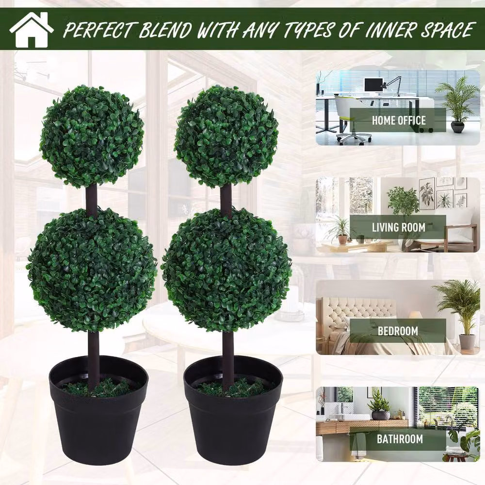 STILVORA Set of 2 Green Artificial Tabletop Topiary Trees in Round Concrete Pots – 4
