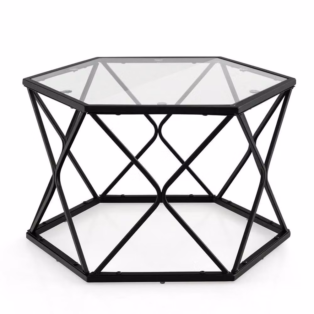 Costway Geometric Hexagonal Coffee Table and End Table with Tempered Glass Top and Metal X-Frame in Black – 3
