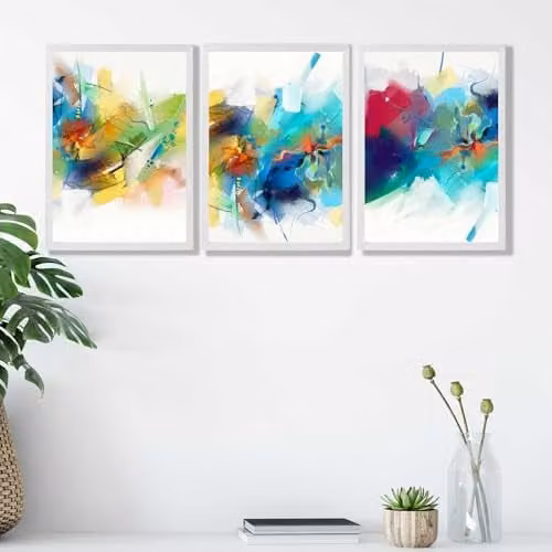 ARTZE Set of 3 Abstract Multicolour Fractal Wall Art with White Frames, W: 33 cm x H: 45 cm