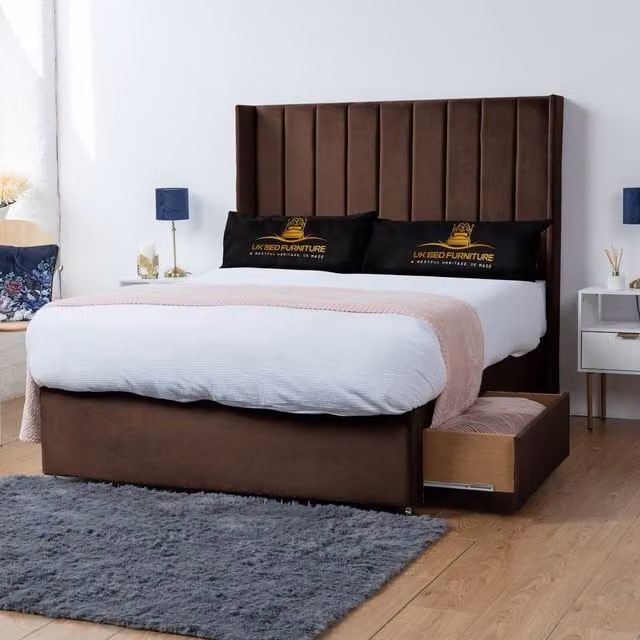 UK Bed Furniture Bella Wingback Divan Bed with 2 Drawers and 54 Inch Headboard in Brown, Super King, W/D/H: 200 x 200 cm