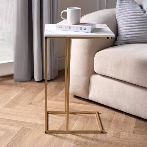 OHS C-Shaped Side Table with White Marble Top and Gold Metal Frame, W/D/H: 40 x 40 x 63 cm