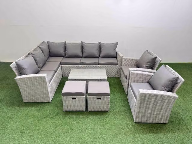 Fimous 10 Seater Garden Outdoor PE Rattan Furniture Set with 2 Small Stools in Light Grey