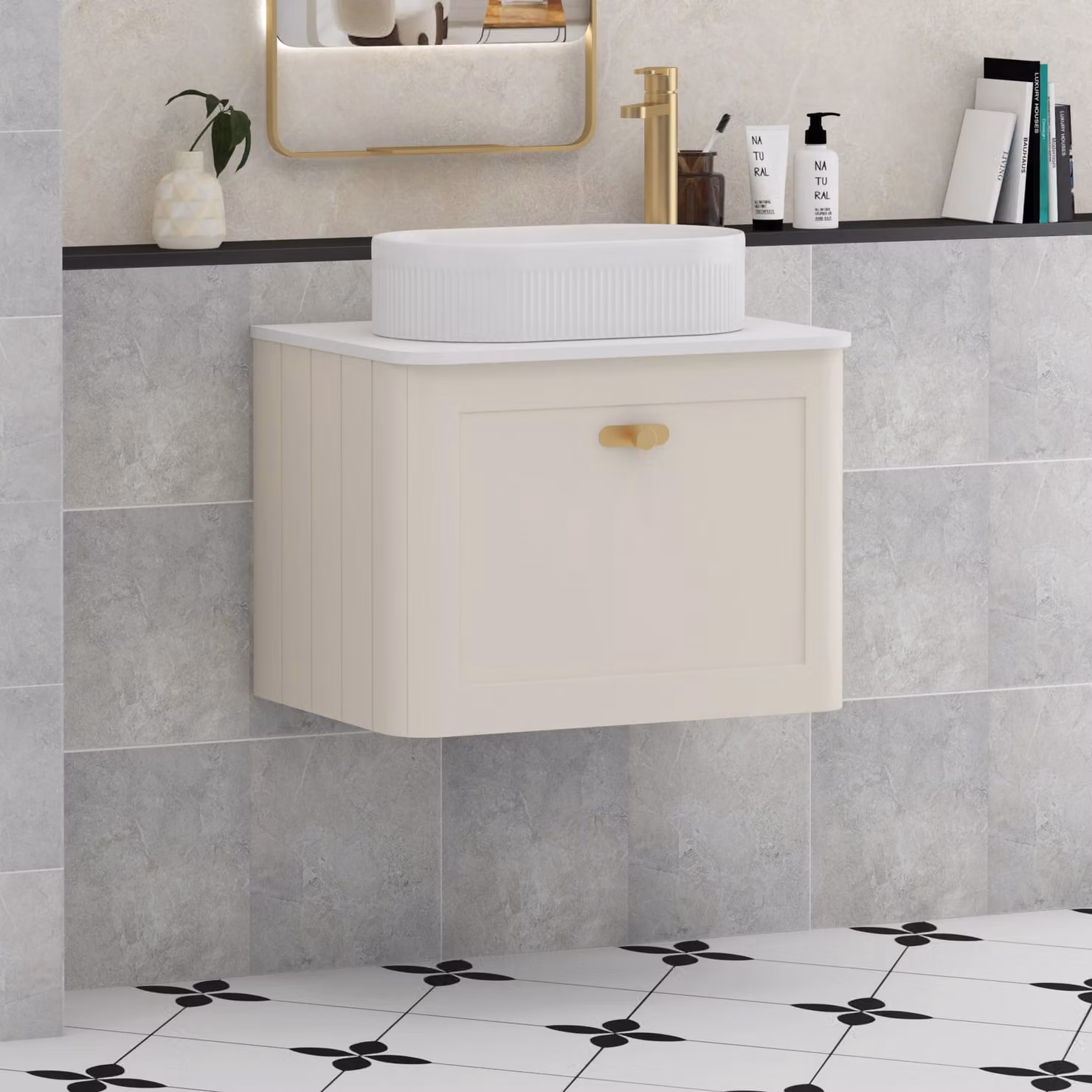 Royal Bathrooms Henley 600mm Wall Hung Vanity Unit in Mushroom Cashmere with Lyon Basin, Plain White Worktop and Brushed Brass Knob