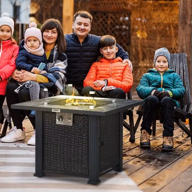 Outsunny 50,000 BTU Square Marble Desktop Rattan Gas Fire Pit Table in Black