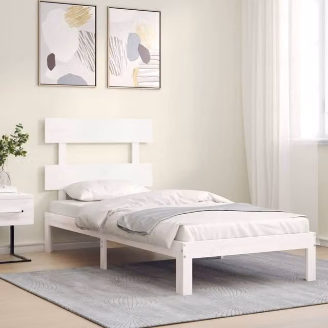 Berkfield Home Beautiful Solid Wood Bed Frame with Headboard in White, W/D/H: 90 x 200 x 81 cm