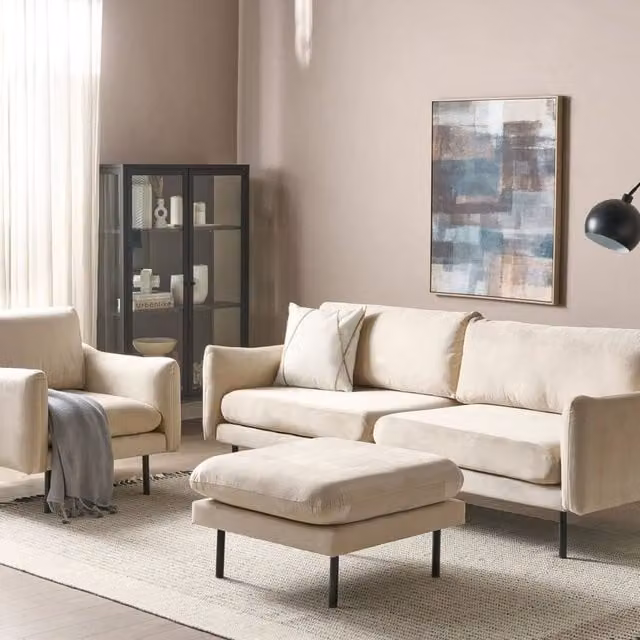Wyld and Coco 3-Piece Industrial Living Room Set in Beige with Wood and Black Metal Legs – 1