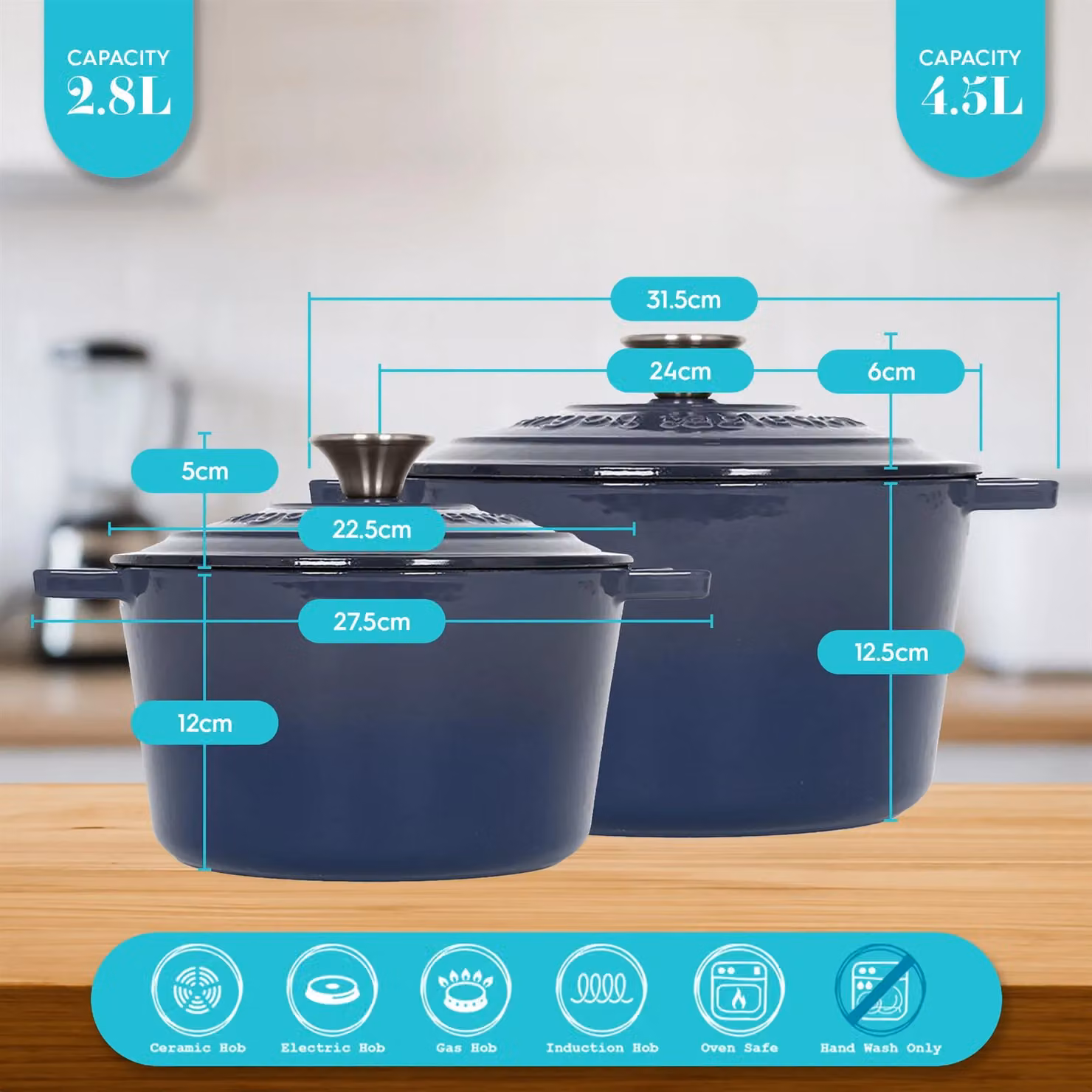 Argon Tableware 2pc Round Cast Iron Casserole Dish Set with Lids, 2.8l and 4.5l, Navy Blue – 3