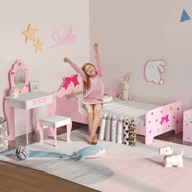 ZONEKIZ 3-Piece Princess Themed Kids Bedroom Furniture Set in Pink and White, including Elevated Single Bed Frame and Dresser Vanity with Mirror