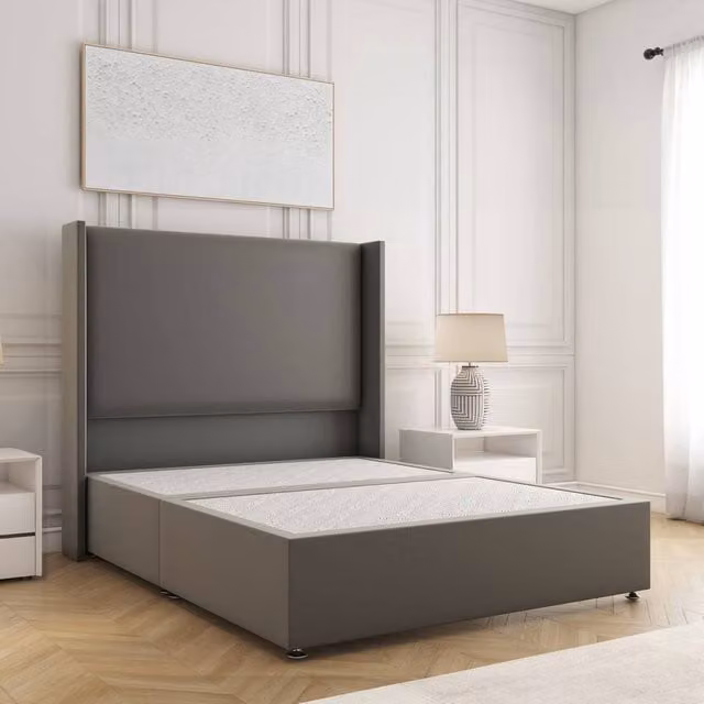 BSSPOKE Austin King Size Divan Bed with 54 inch Plush Velvet Headboard in Grey, W/D/H: 180 x 200 cm